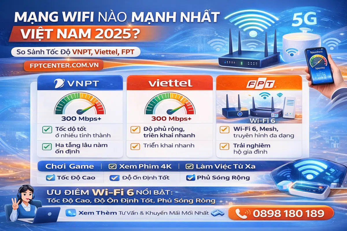 Mạng wifi nào mạnh nhất Việt Nam 2025? Ảnh so sánh tốc độ VNPT, Viettel và FPT