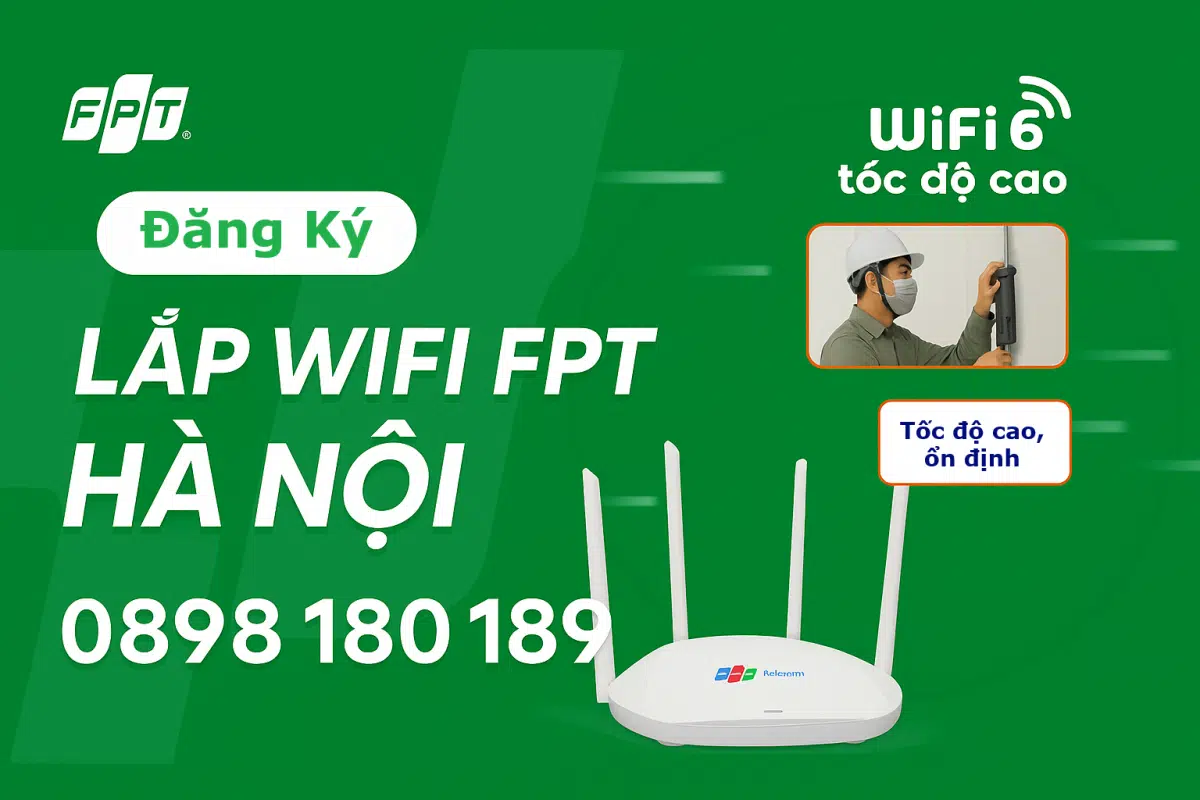 Banner quảng cáo dịch vụ lắp mạng FPT Hà Nội với ưu đãi tặng modem WiFi 6 và miễn phí lắp đặt.