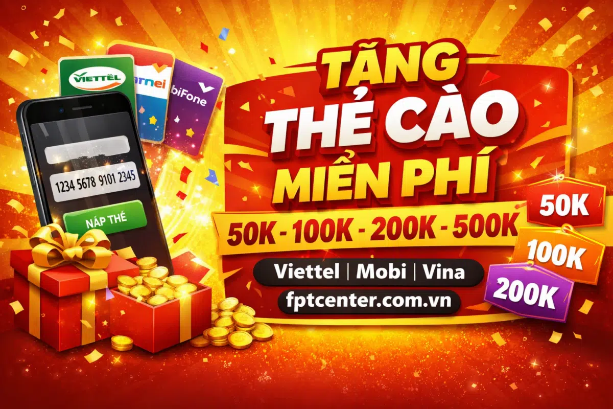 Ảnh đại diện bài viết tặng thẻ cào miễn phí mới nhất cho Viettel, Mobi và Vina, minh họa các mệnh giá 50K, 100K, 200K, 500K.