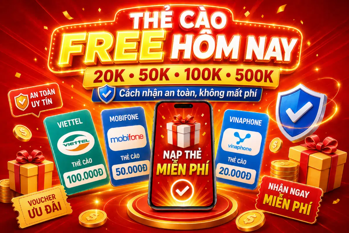 Ảnh minh họa thẻ cào miễn phí hôm nay với các mệnh giá 20K, 50K, 100K, 500K cho Viettel, MobiFone, VinaPhone