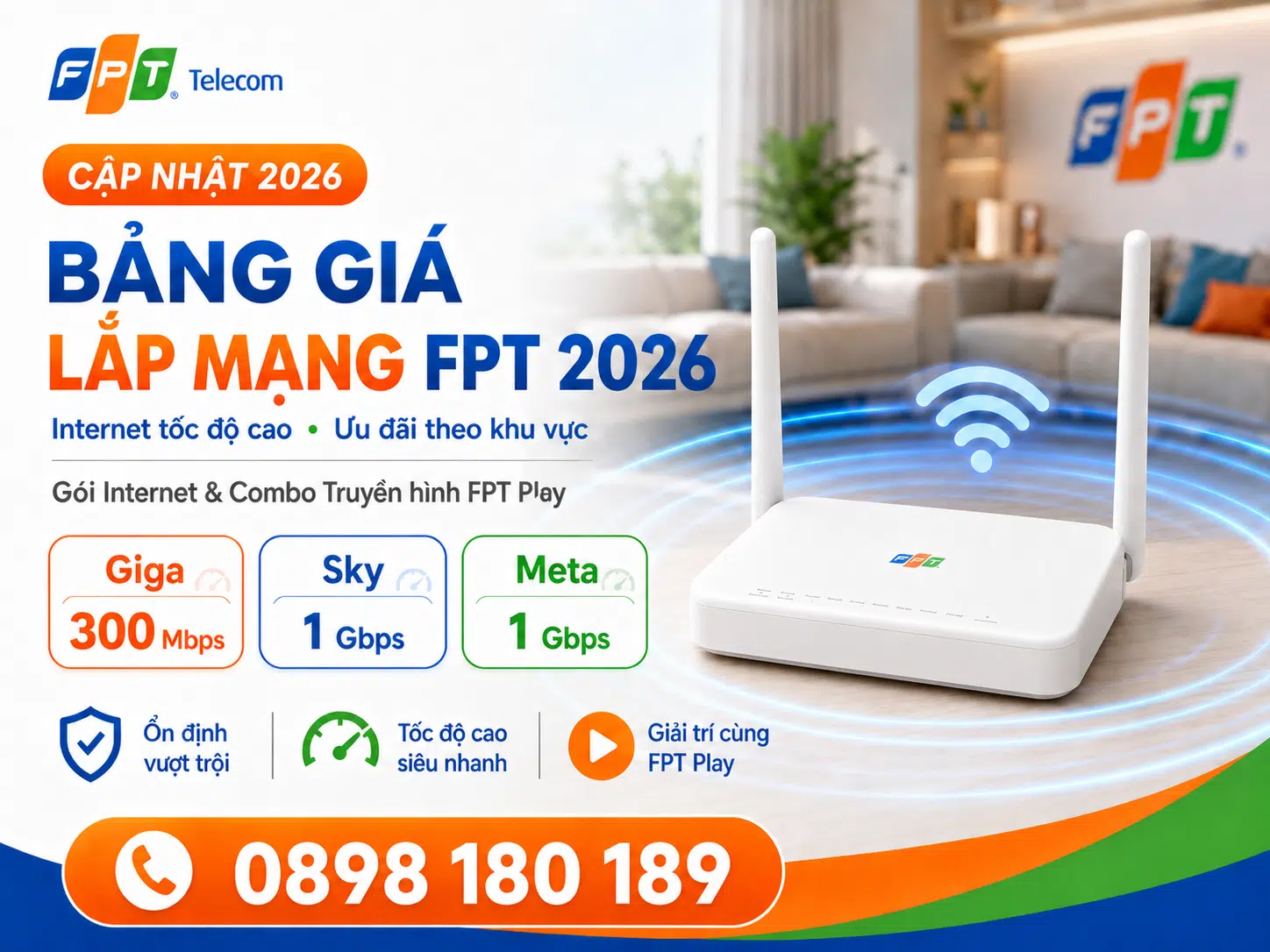 Bảng giá lắp mạng FPT 2026 với các gói Internet Giga, Sky, Meta và combo truyền hình FPT Play