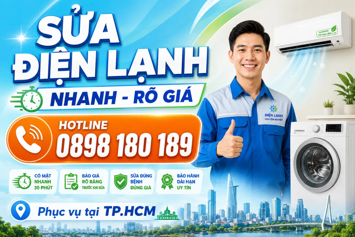 Banner dịch vụ sửa điện lạnh tại nhà TP.HCM, hỗ trợ sửa máy lạnh, tủ lạnh, máy giặt, máy sấy, có mặt nhanh, báo giá rõ ràng và liên hệ hotline 0898 180 189.