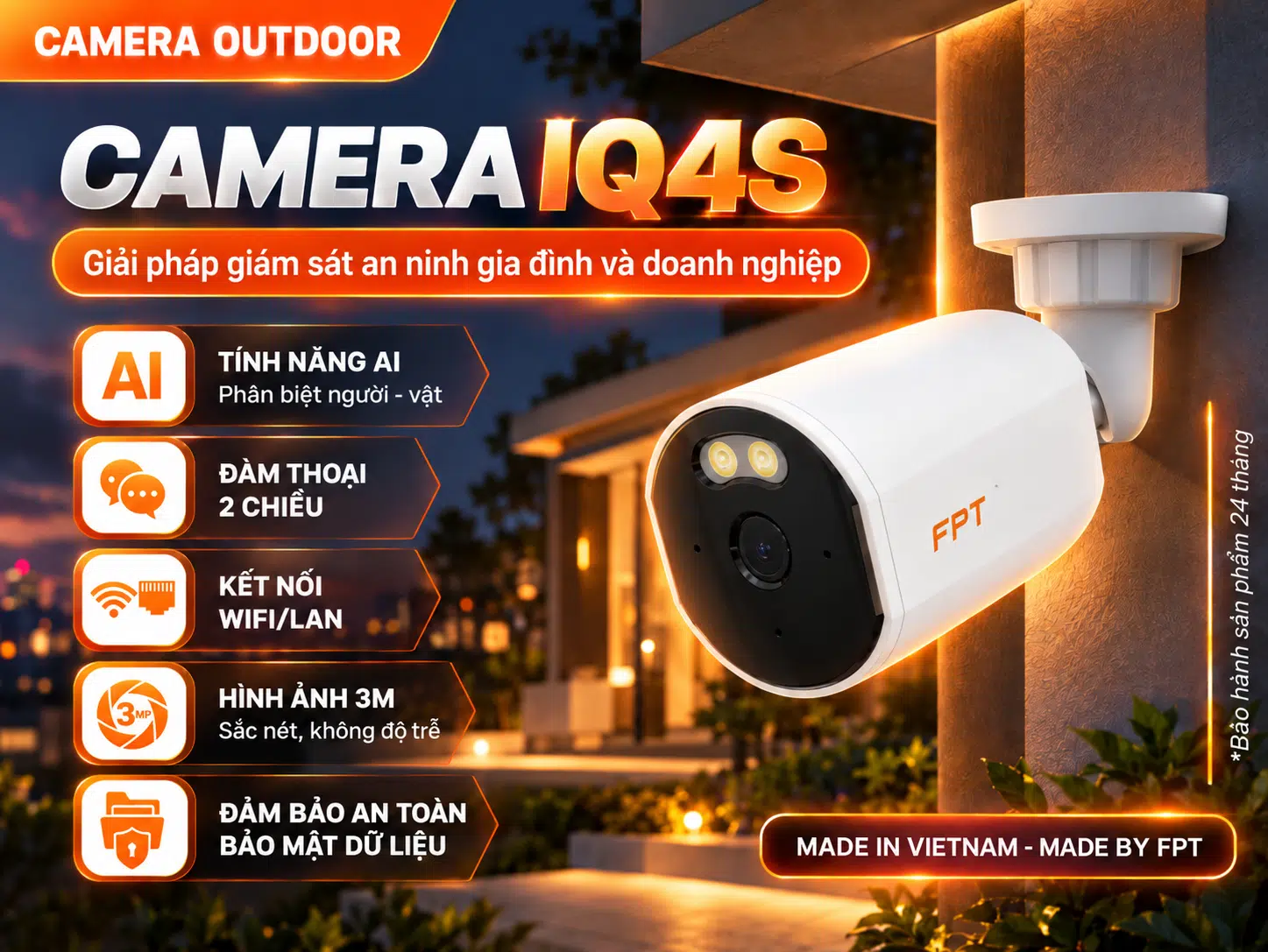 Camera FPT IQ4S ngoài trời với AI, hình ảnh 3MP và cảnh báo chủ động