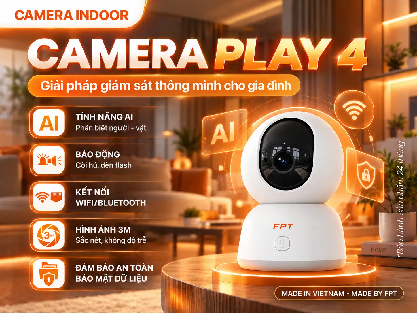 Camera FPT Play 4 trong nhà với AI, hình ảnh 3MP và giám sát thông minh