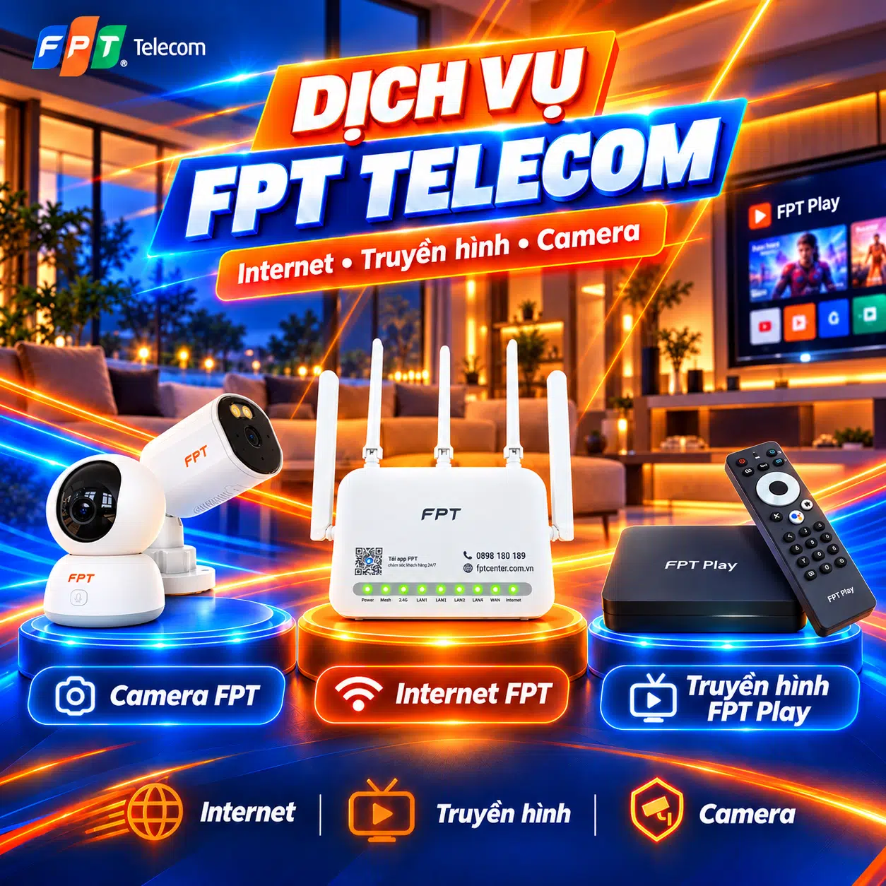 Các dịch vụ FPT Telecom gồm Internet FPT, truyền hình FPT Play và Camera FPT