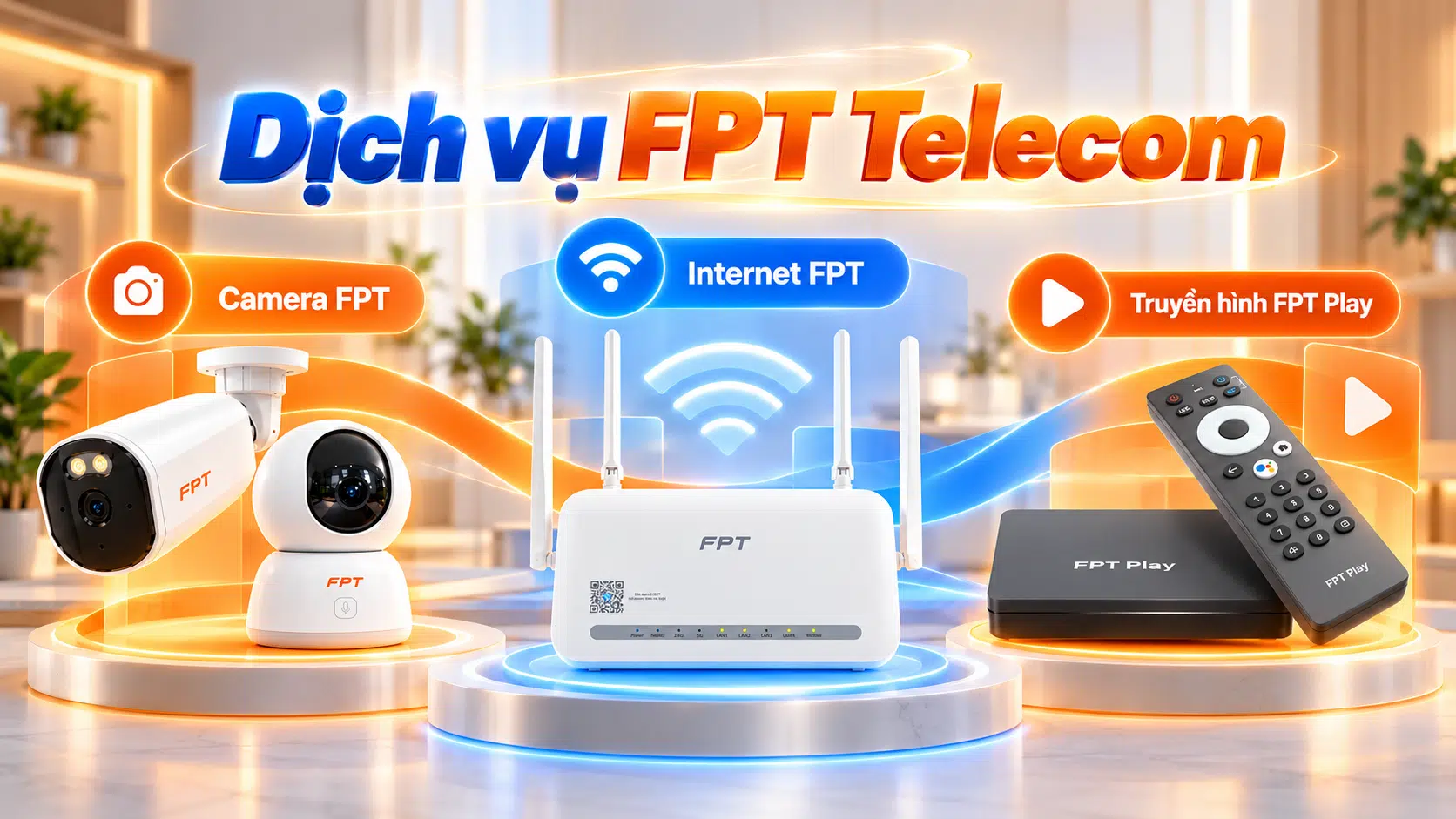 Các dịch vụ FPT Telecom gồm Internet FPT, truyền hình FPT Play và Camera FPT