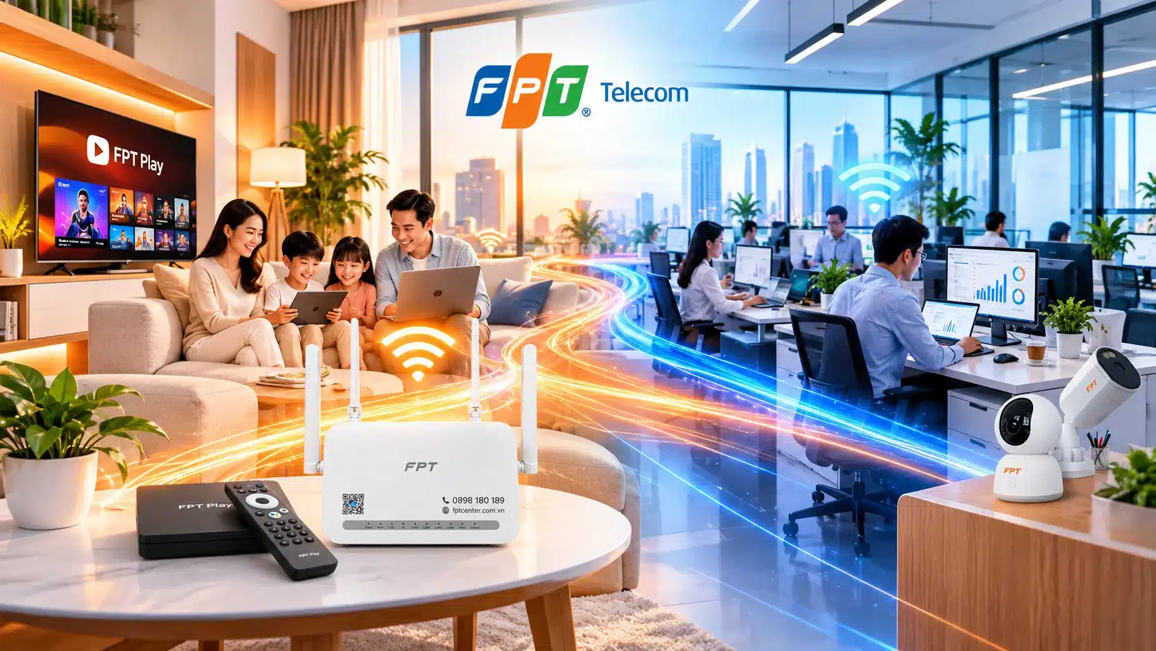 Giải pháp FPT cho gia đình và doanh nghiệp với Internet WiFi, truyền hình FPT Play và Camera FPT trong nhà và văn phòng