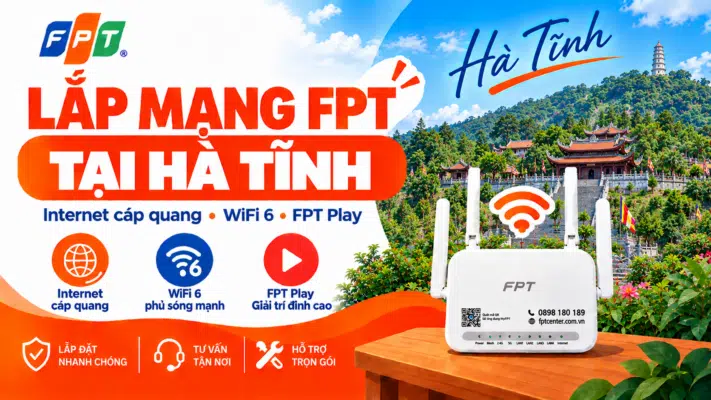 Banner lắp mạng FPT Hà Tĩnh với cảnh chùa Hương Tích, núi Hồng Lĩnh và modem WiFi 6