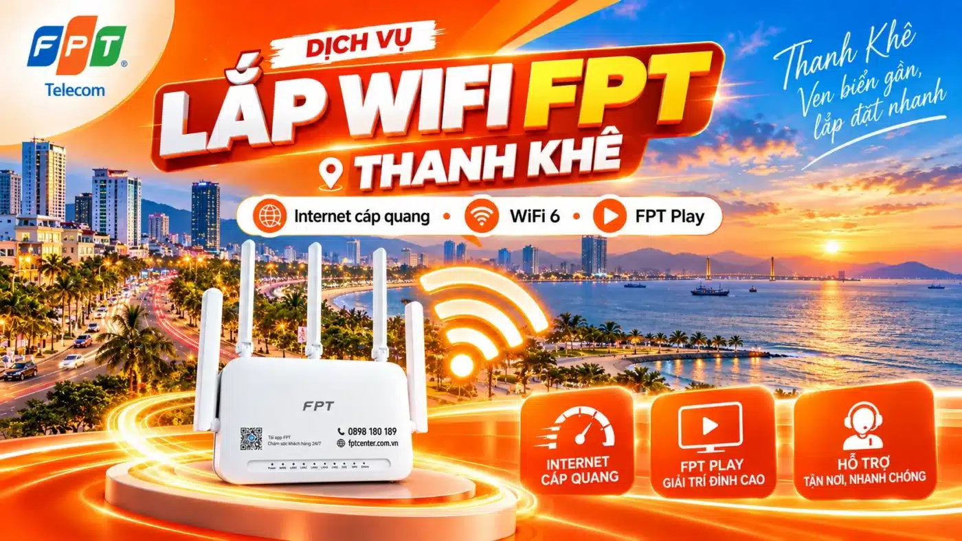 Lắp WiFi FPT Thanh Khê Đà Nẵng với modem WiFi 6 và cảnh đường ven biển