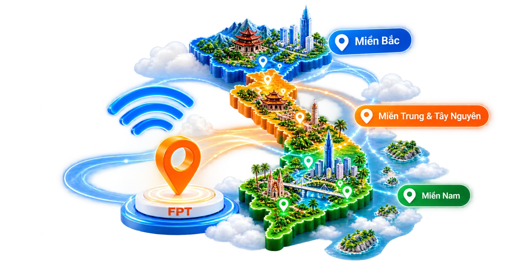 Bản đồ minh họa tra cứu dịch vụ FPT theo khu vực miền Bắc, miền Trung và Tây Nguyên, miền Nam