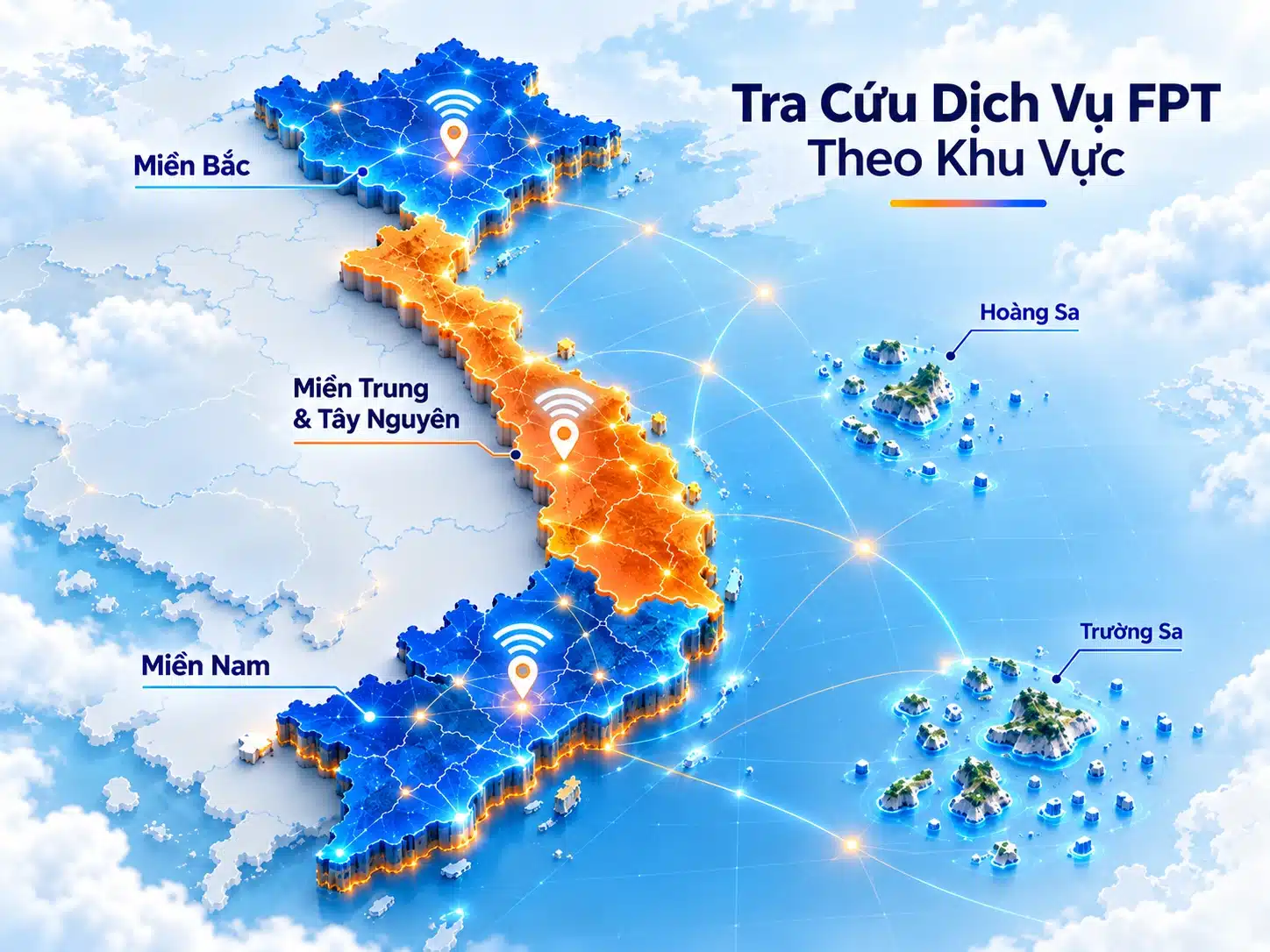 Bản đồ minh họa tra cứu lắp mạng FPT theo khu vực miền Bắc, miền Trung và Tây Nguyên, miền Nam