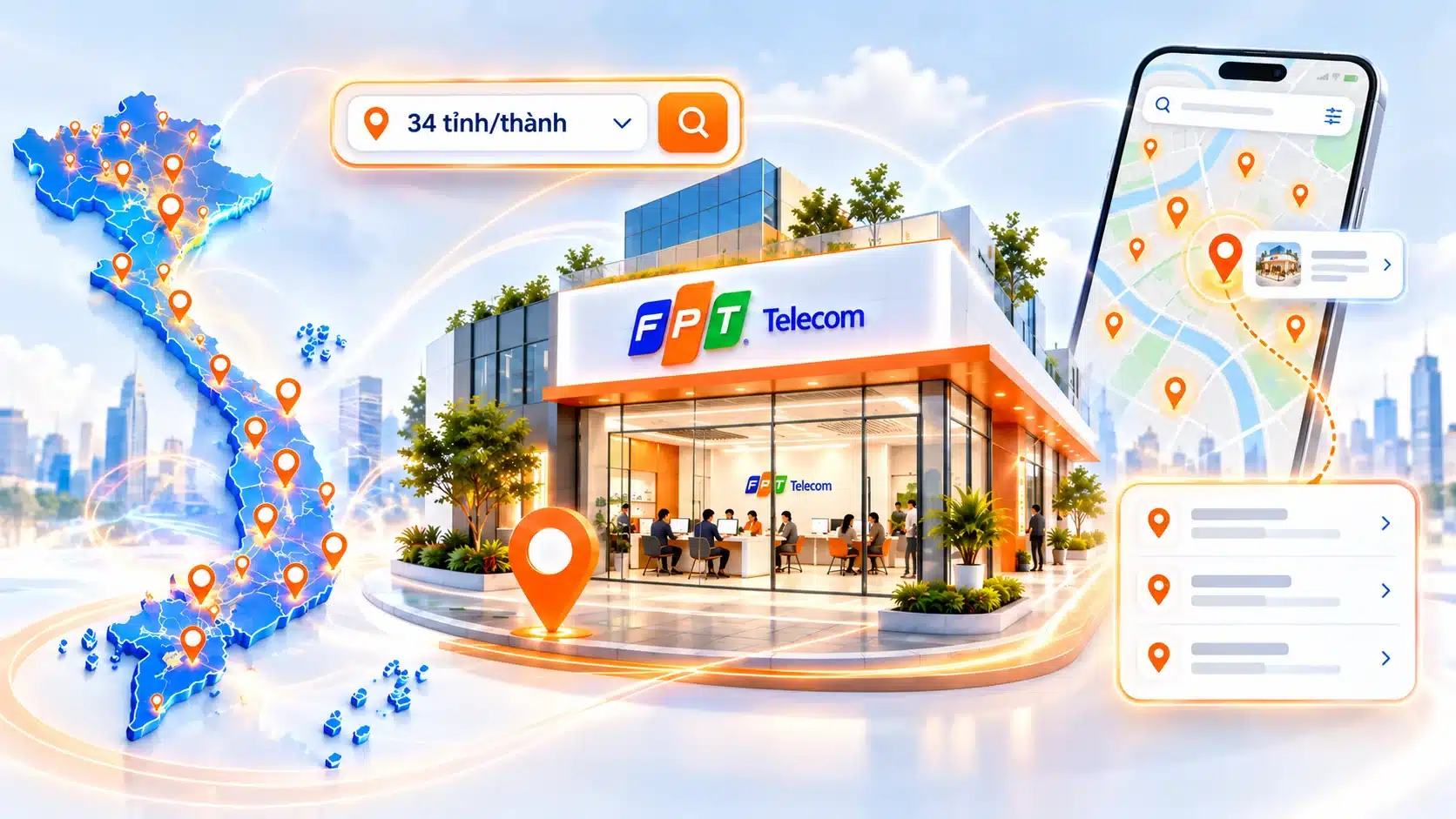 Hình minh họa tra cứu văn phòng giao dịch FPT Telecom trên bản đồ Việt Nam
